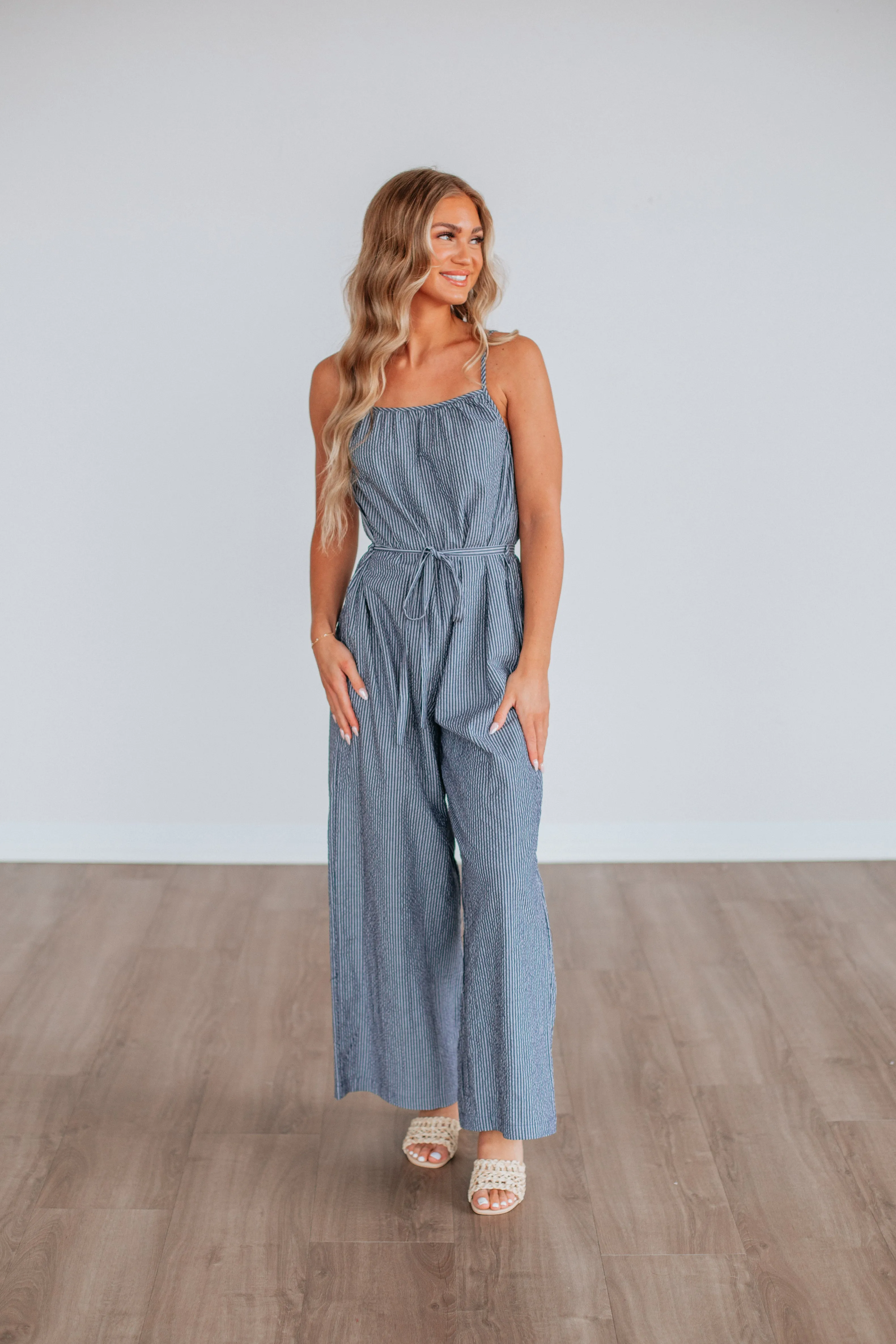 Brielle Striped Jumpsuit - Steel Blue