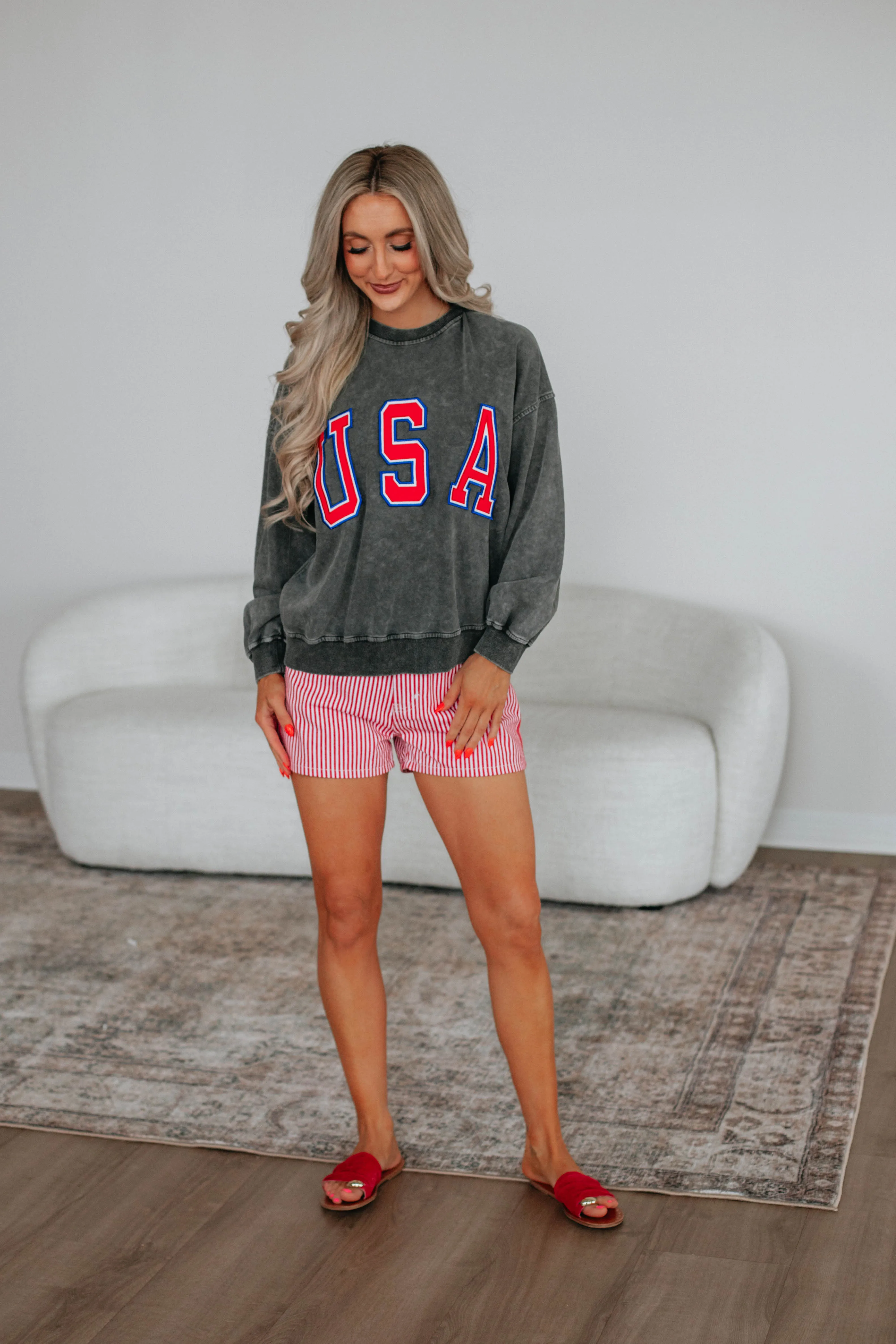 Dempsey Striped Denim Shorts - Cherry Mix