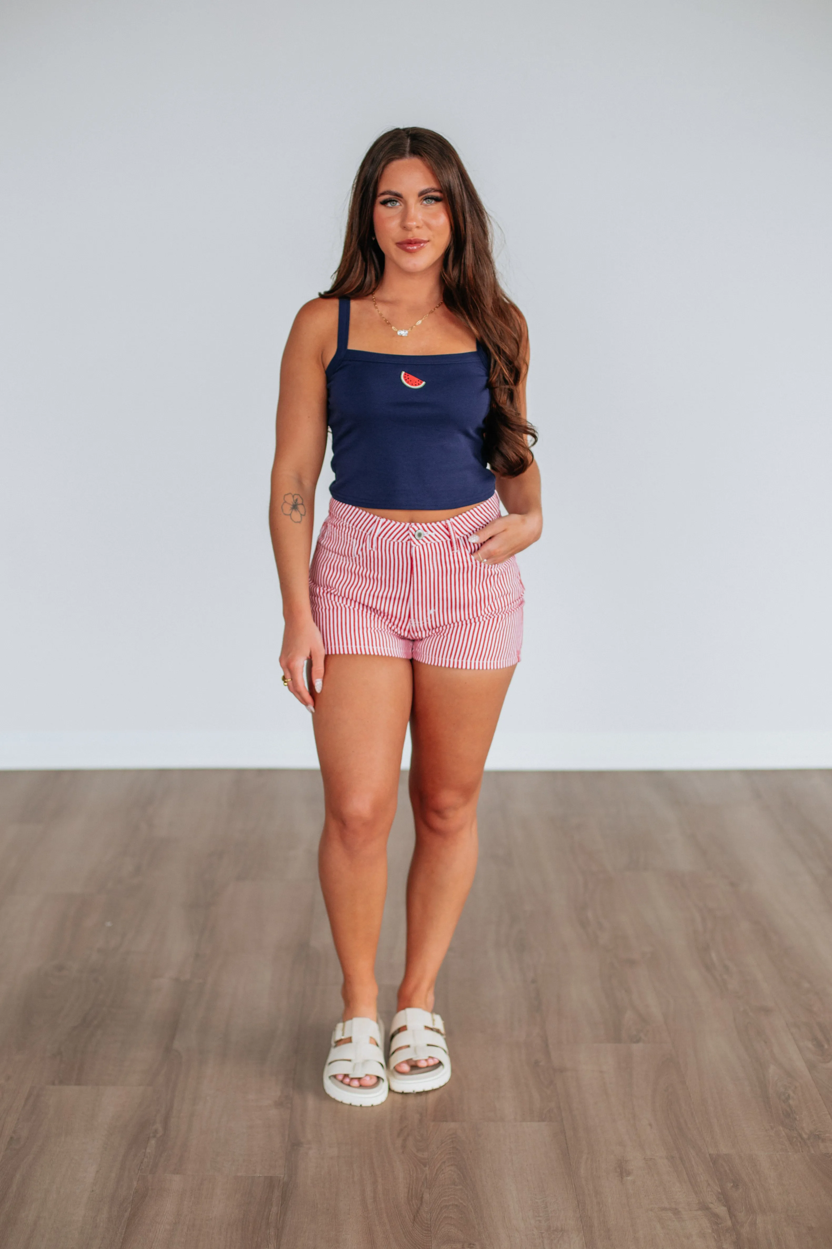 Dempsey Striped Denim Shorts - Cherry Mix