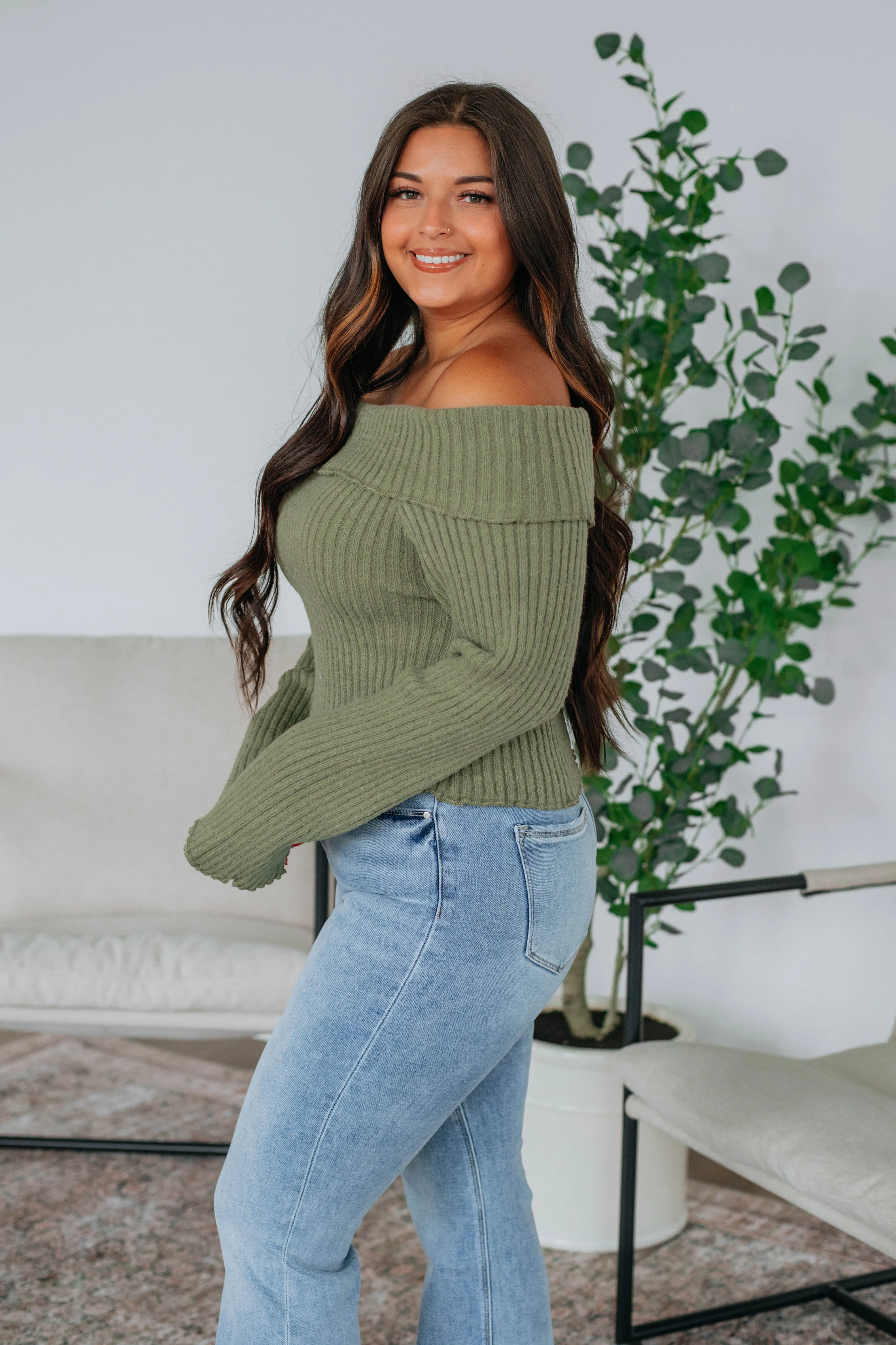 Elaine Off Shoulder Sweater  - Olive