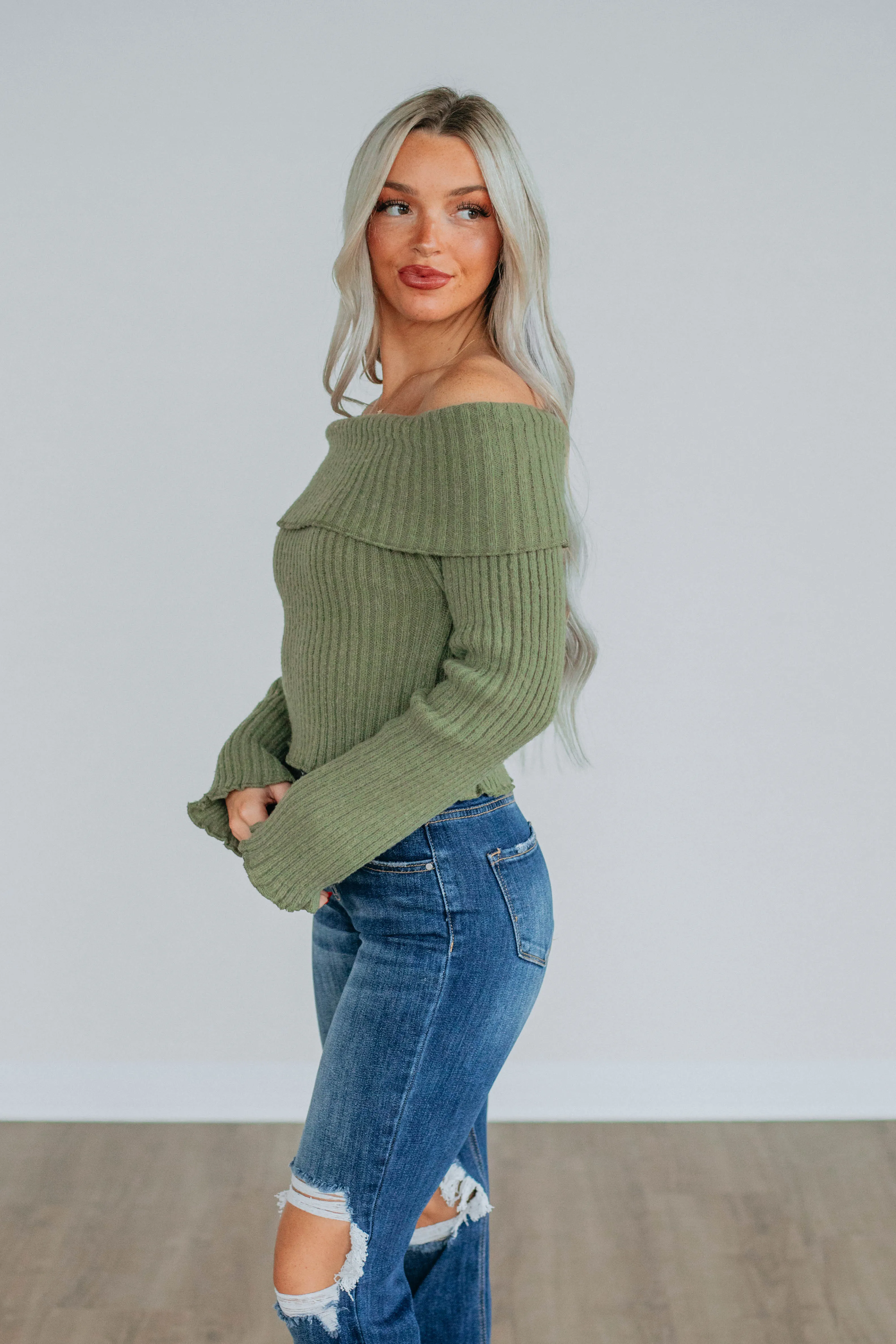 Elaine Off Shoulder Sweater  - Olive