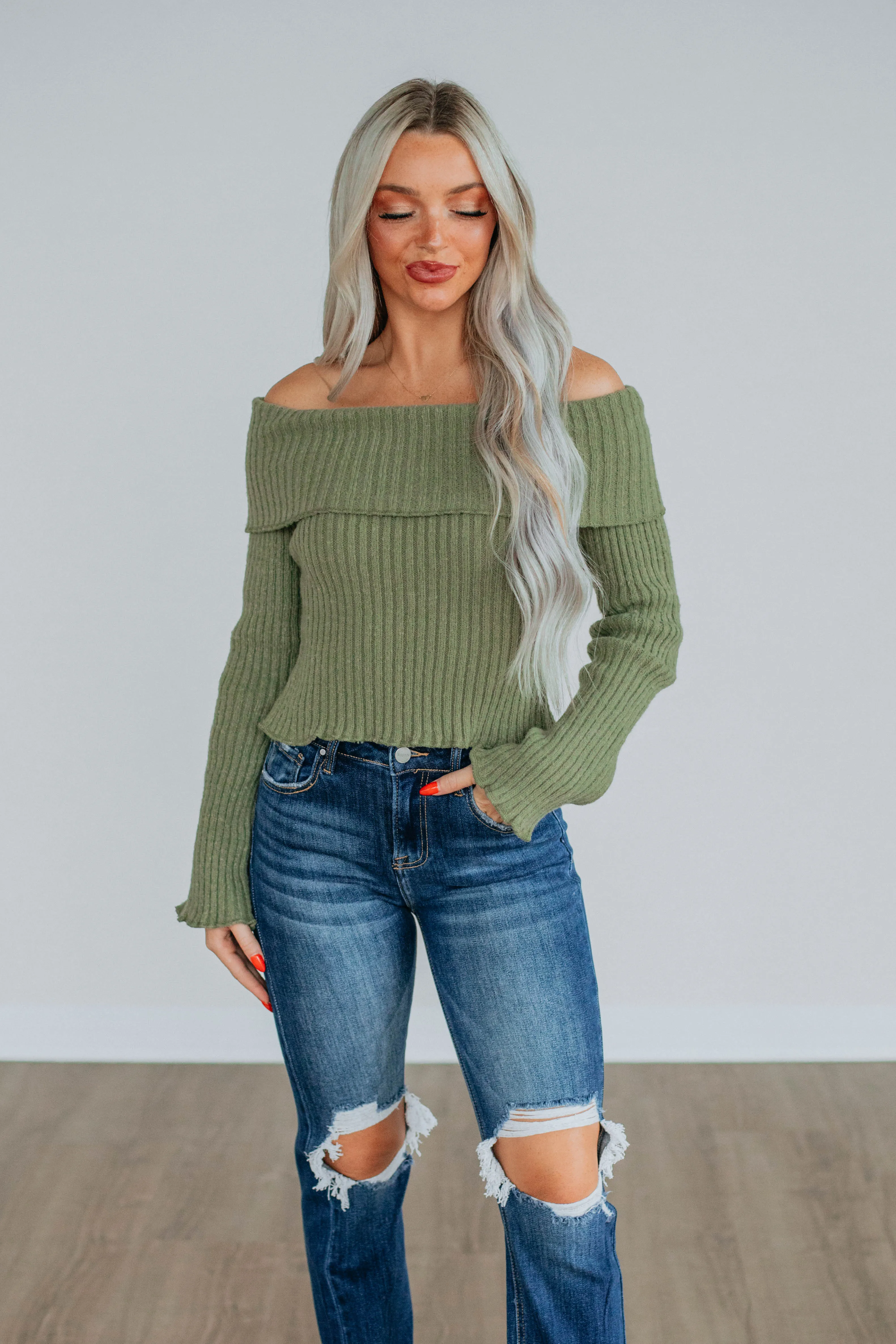 Elaine Off Shoulder Sweater  - Olive