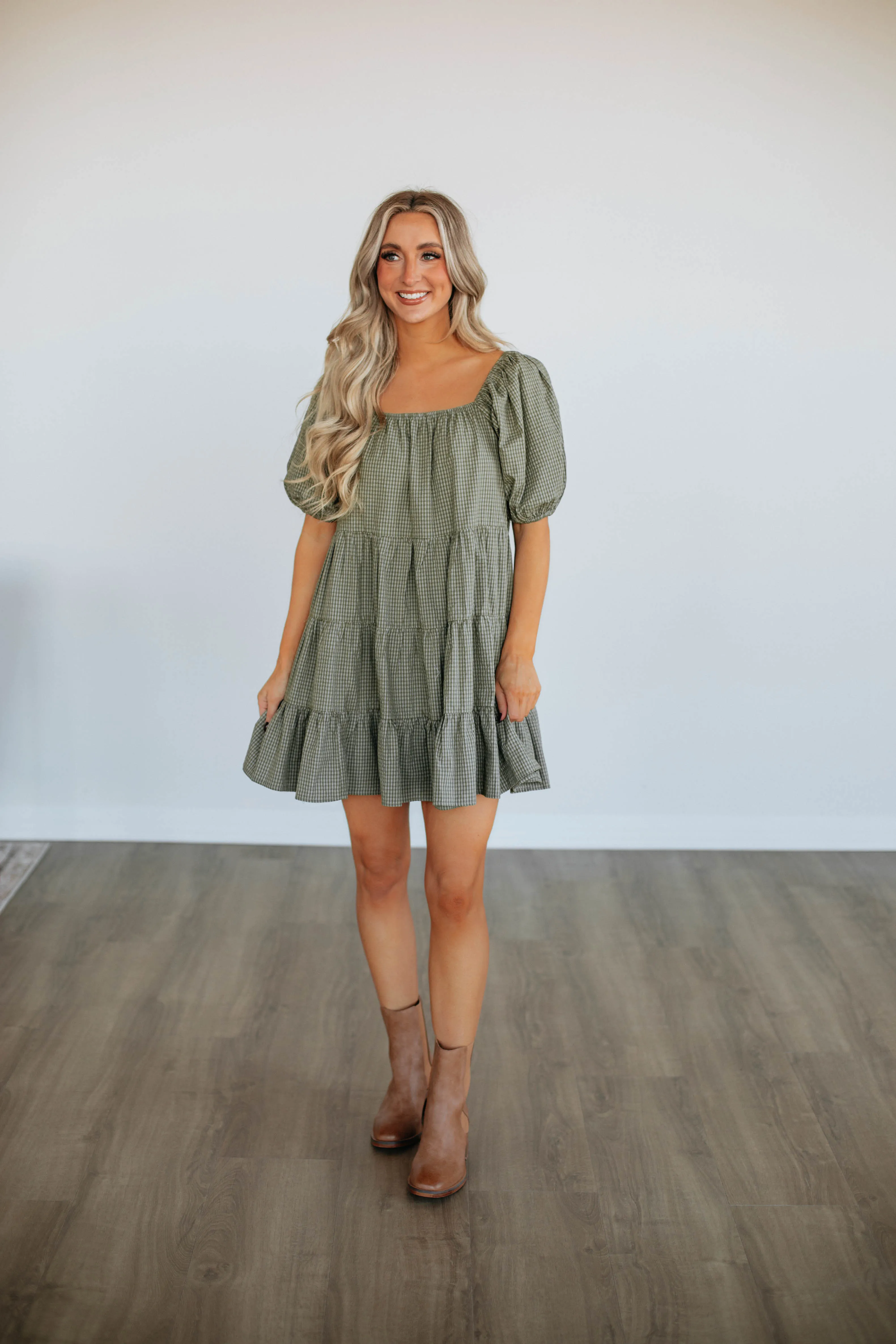 Laren Gingham Dress - Olive