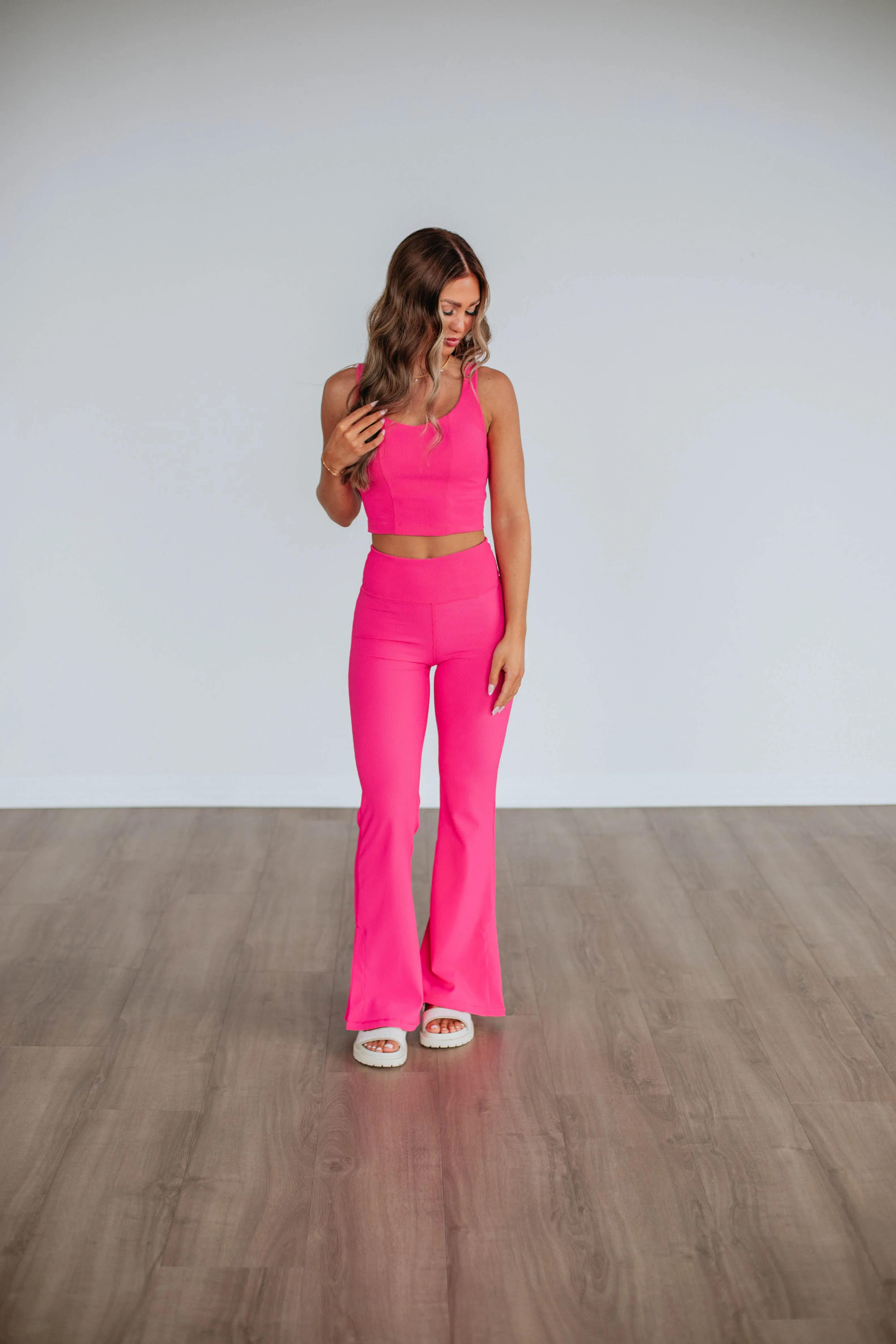 Zinia Ribbed Flare Leggings - Hot Pink